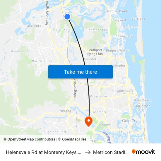Helensvale Rd at Monterey Keys Drive to Metricon Stadium map