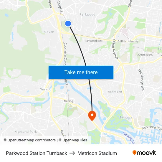 Parkwood Station Turnback to Metricon Stadium map