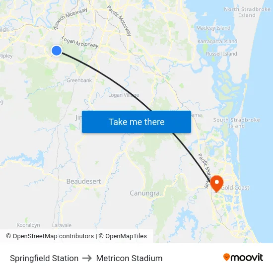 Springfield Station to Metricon Stadium map