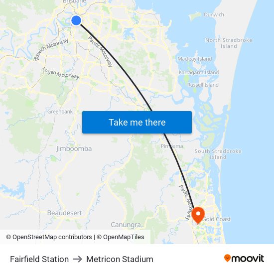 Fairfield Station to Metricon Stadium map