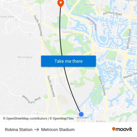 Robina Station to Metricon Stadium map