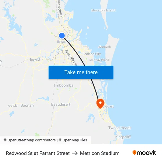 Redwood St at Farrant Street to Metricon Stadium map