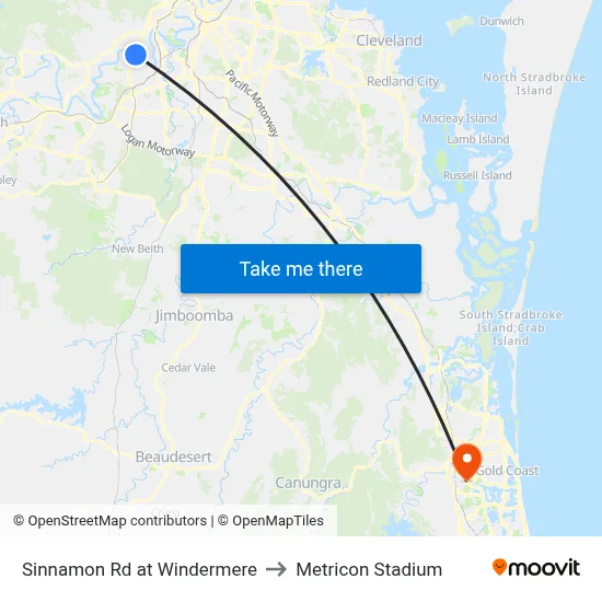 Sinnamon Rd at Windermere to Metricon Stadium map