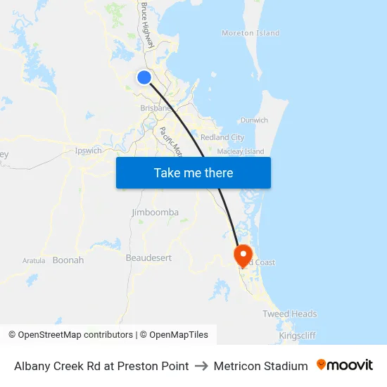 Albany Creek Rd at Preston Point to Metricon Stadium map