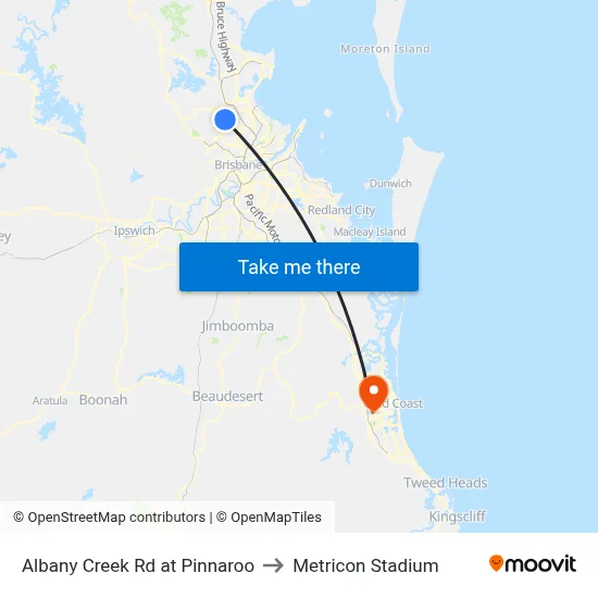 Albany Creek Rd at Pinnaroo to Metricon Stadium map