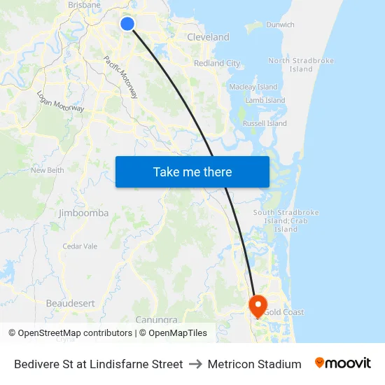 Bedivere St at Lindisfarne Street to Metricon Stadium map