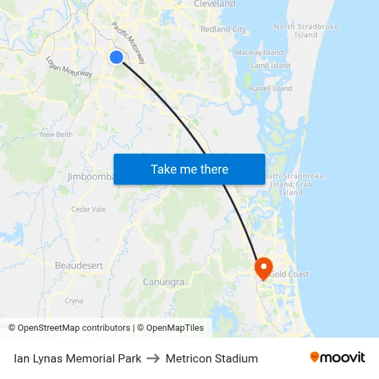 Ian Lynas Memorial Park to Metricon Stadium map