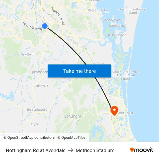 Nottingham Rd at Avondale to Metricon Stadium map
