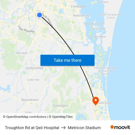 Troughton Rd at Qeii Hospital to Metricon Stadium map