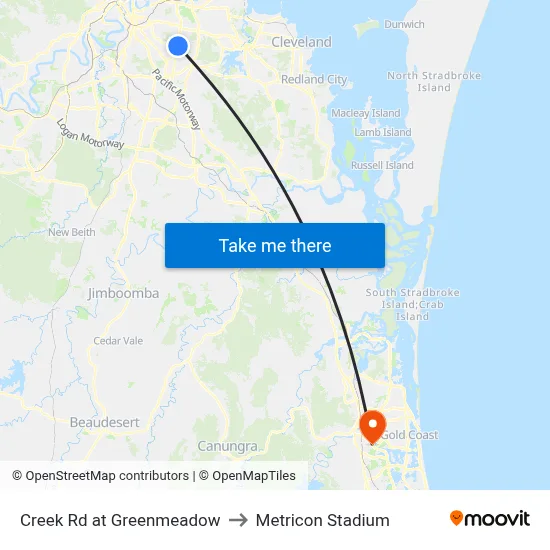 Creek Rd at Greenmeadow to Metricon Stadium map