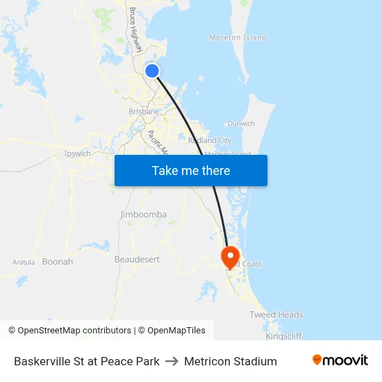 Baskerville St at Peace Park to Metricon Stadium map