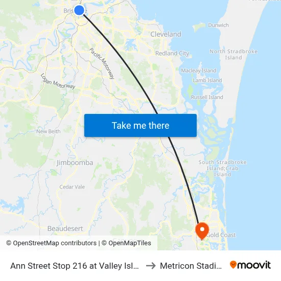 Ann Street Stop 216 at Valley Island to Metricon Stadium map