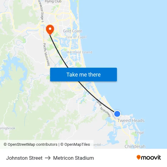 Johnston Street to Metricon Stadium map