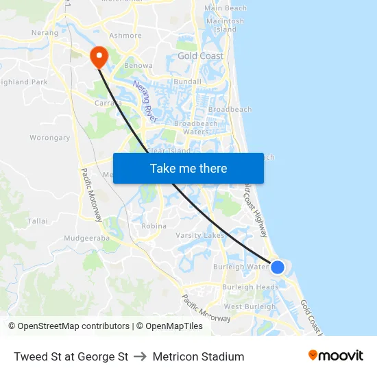 Tweed St at George St to Metricon Stadium map