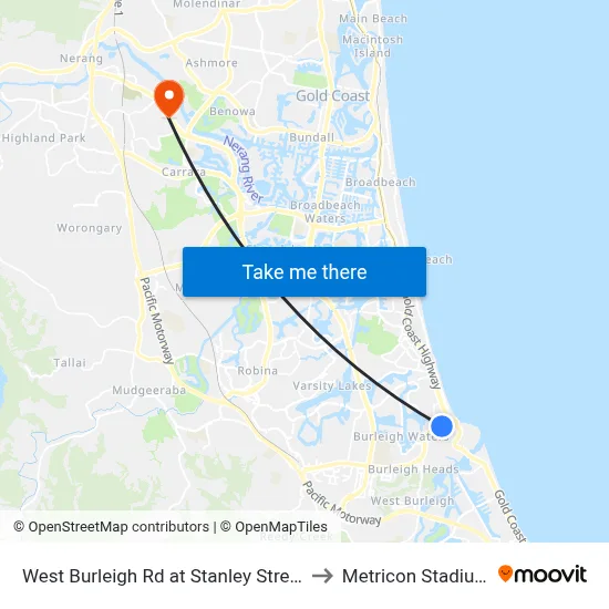 West Burleigh Rd at Stanley Street to Metricon Stadium map