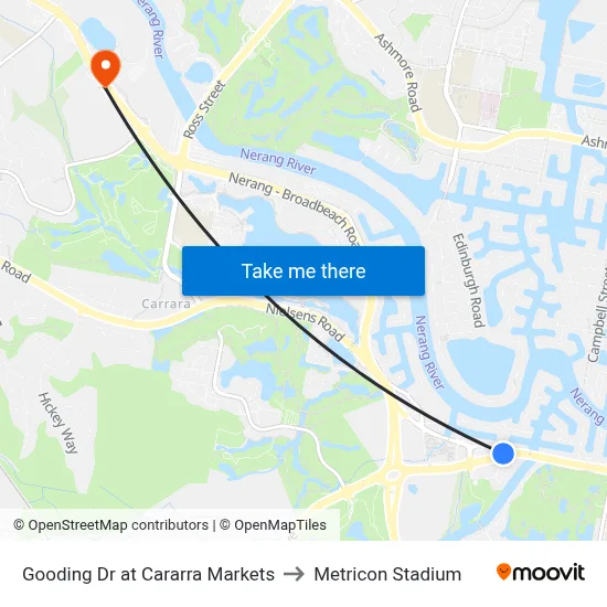 Gooding Dr at Cararra Markets to Metricon Stadium map