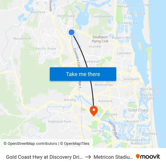 Gold Coast Hwy at Discovery Drive to Metricon Stadium map