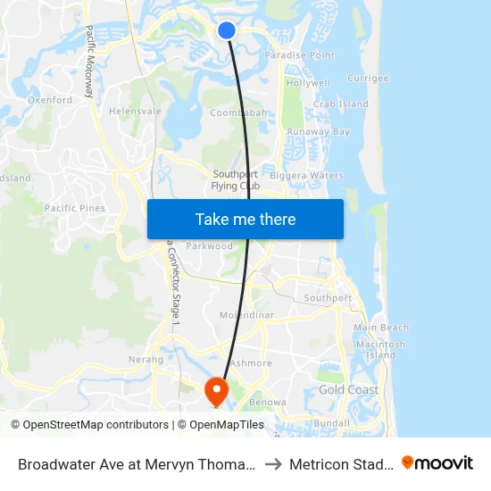 Broadwater Ave at Mervyn Thomas Drive to Metricon Stadium map