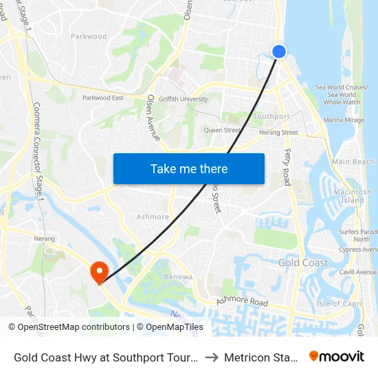 Gold Coast Hwy at Southport Tourist Park to Metricon Stadium map