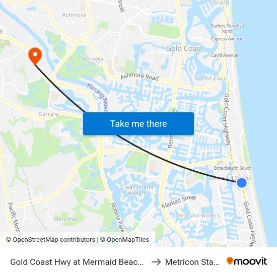 Gold Coast Hwy at Mermaid Beach Station to Metricon Stadium map