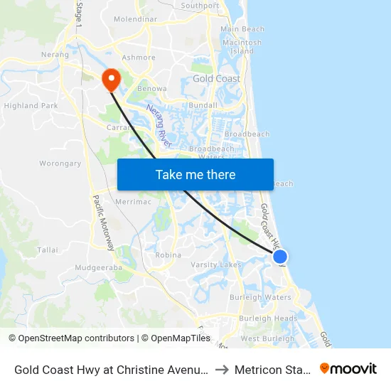 Gold Coast Hwy at Christine Avenue Station to Metricon Stadium map