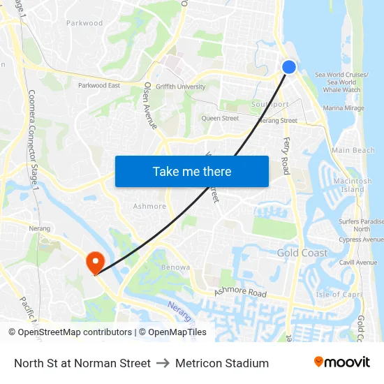 North St at Norman Street to Metricon Stadium map