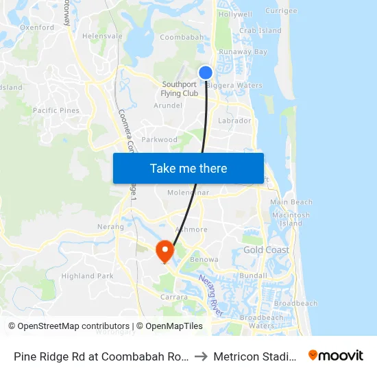 Pine Ridge Rd at Coombabah Road to Metricon Stadium map