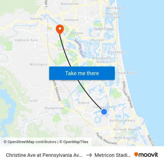 Christine Ave at Pennsylvania Avenue to Metricon Stadium map