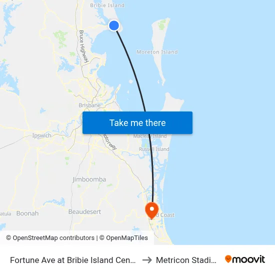 Fortune Ave at Bribie Island Central to Metricon Stadium map