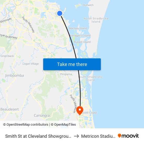 Smith St at Cleveland Showground to Metricon Stadium map