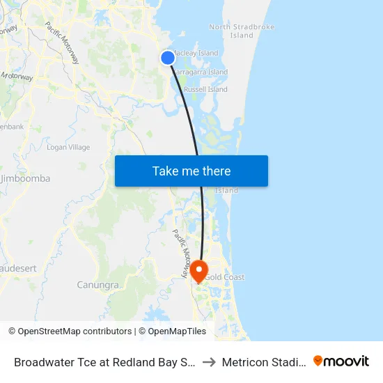 Broadwater Tce at Redland Bay Shops to Metricon Stadium map