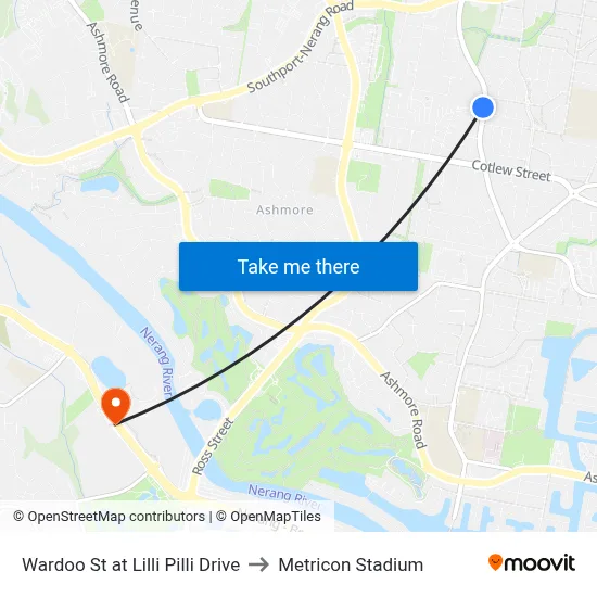 Wardoo St at Lilli Pilli Drive to Metricon Stadium map