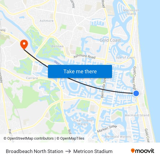 Broadbeach North Station to Metricon Stadium map