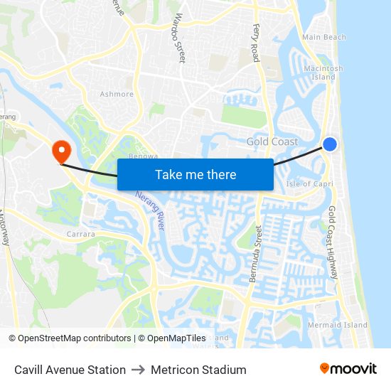 Cavill Avenue Station to Metricon Stadium map