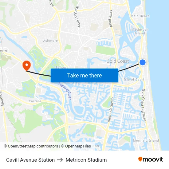 Cavill Avenue Station to Metricon Stadium map