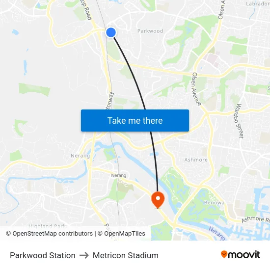 Parkwood Station to Metricon Stadium map