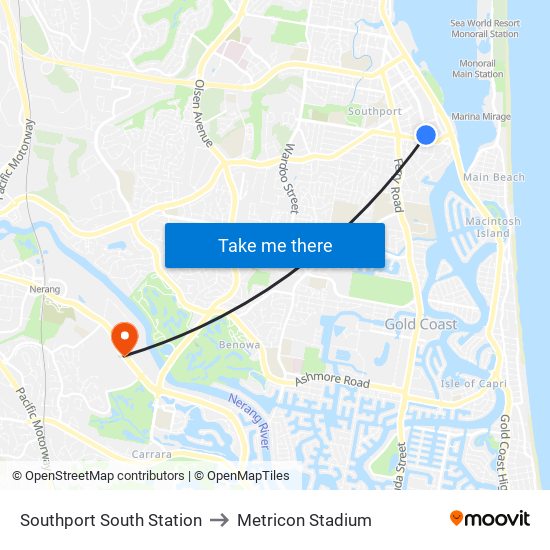 Southport South Station to Metricon Stadium map