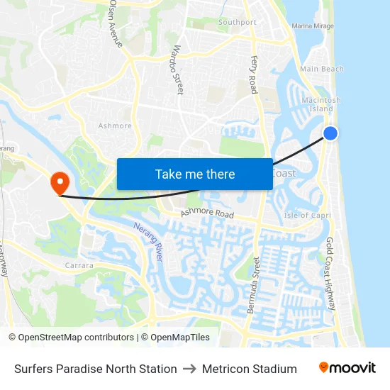Surfers Paradise North Station to Metricon Stadium map