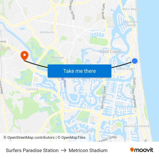 Surfers Paradise Station to Metricon Stadium map