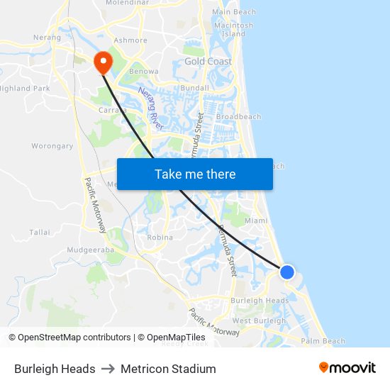 Burleigh Heads to Metricon Stadium map