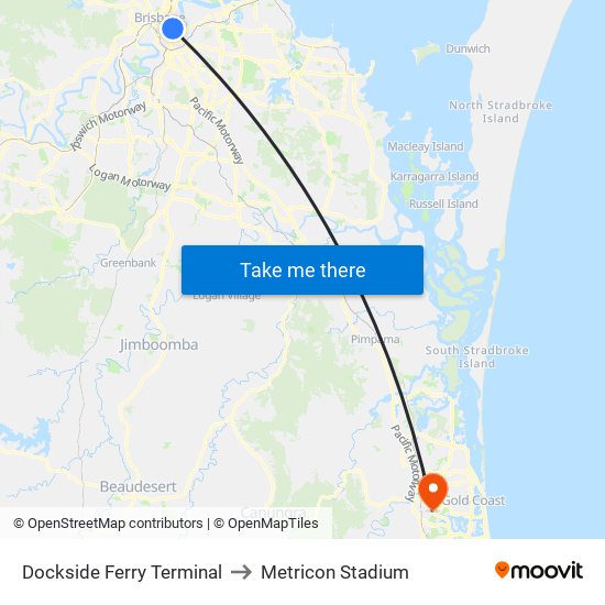 Dockside Ferry Terminal to Metricon Stadium map