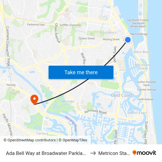 Ada Bell Way at Broadwater Parklands Station to Metricon Stadium map