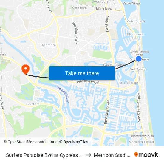 Surfers Paradise Bvd at Cypress Ave to Metricon Stadium map