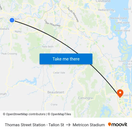 Thomas Street Station - Tallon St to Metricon Stadium map