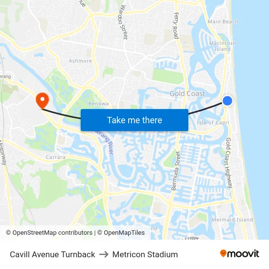 Cavill Avenue Turnback to Metricon Stadium map