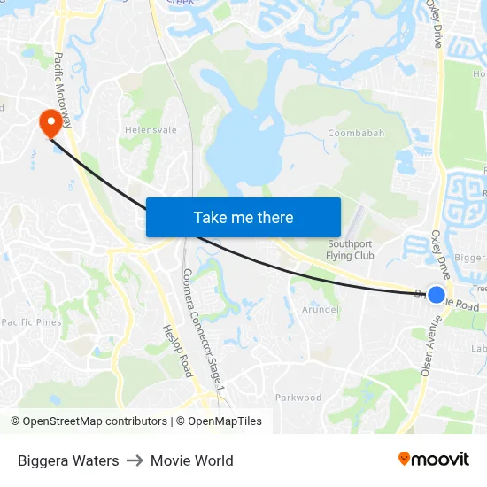 Biggera Waters to Movie World map