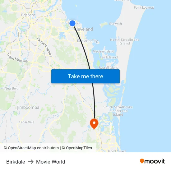 Birkdale to Movie World map