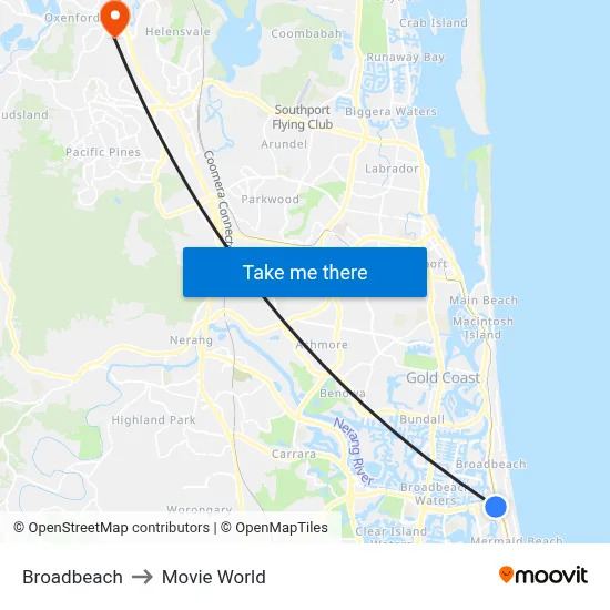 Broadbeach to Movie World map