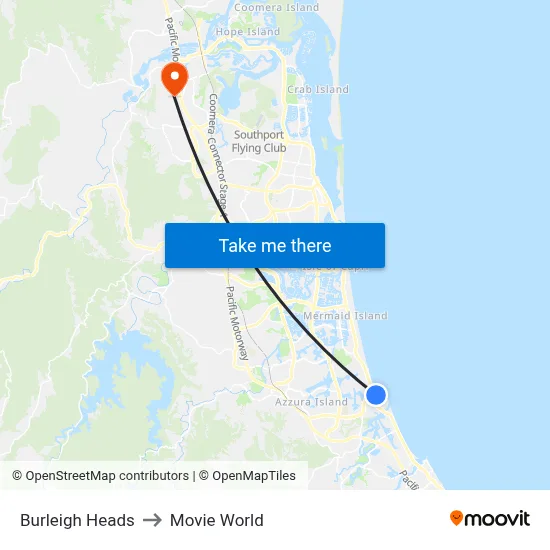 Burleigh Heads to Movie World map