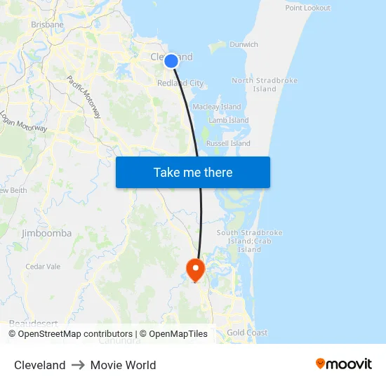 Cleveland to Movie World map